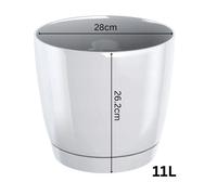 (White, 11L (D28cm x H26.2cm)) Gloss Flower Pot Planter Round Plastic With Saucer Drain Holes Modern Home Decor
