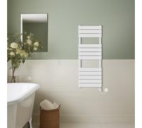 (White, 1200x450mm) Prefilled Thermostatic Electric Flat Panel Heated Towel Rail Ladder Warmer Radiator