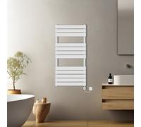 (White, 1200x600mm) Pre-filled Electric Heated Towel Rail Radiator Flat Panel Thermostatic