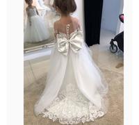 (white, 140cm) Cute Flower Girl Dresses for Wedding Big Bow Appliques Long Little Pageant Gowns Girls White Tulle First Communion Gowns