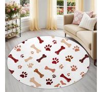 White 180 cm (round) Round Rug, Minimalist Dog Paw Prints Bones Print Low Pile Carpet - Machine Washable & Non-Slip Backing - Soft Circle Floor Mat for Kids Playroom Pets Dog Lovers