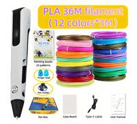 (White) 1SET 3D Printing Pen Kit | Includes 12 Colors 3-Meter PLA Filaments, Finger Cots, 22-Pattern Drawing Board, Type-C