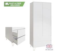 White 2 Door 2 Drawer Tall Wardrobe with Gold Legs Bedroom Storage Cabinet