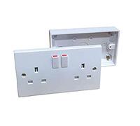 White 2 Gang Twin Double Switched Wall Socket + 25mm Surface Pattress Back Box