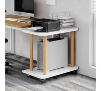 White 2-Tier Printer Stand with Wheels, Mobile Computer Tower Shelf, Compact Under Desk Storage Cart for Small Spaces, Versatile Wooden Trolley Organizer.