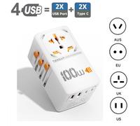 (white, 2 USB-A & 2 USB-C-100W) TESSAN 35W/65W/100W GaN Universal Travel Adapter All-in-one Travel Charger with USB &Type C Wall Charger for US EU UK AUS Travel