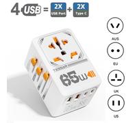 (white, 2 USB-A & 2 USB-C-65W) TESSAN 35W/65W/100W GaN Universal Travel Adapter All-in-one Travel Charger with USB &Type C Wall Charger for US EU UK AUS Travel