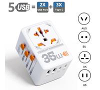 (white, 2 USB-A & 3 USB-C-35W) TESSAN 35W/65W/100W GaN Universal Travel Adapter All-in-one Travel Charger with USB &Type C Wall Charger for US EU UK AUS Travel