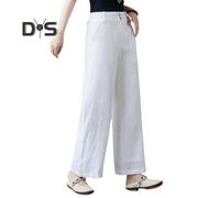 (white, 2XL) Women Casual Pants Elastic High Waist Buttons Zipper Fly Long Trousers with Pockets Solid Color Straight Wide Leg Slacks Daily Wear