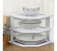 White 3 Tier Bamboo Corner Kitchen Plate Rack Cupboard Shelf Insert Tidy Organiser New
