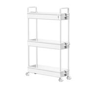 White 3-Tier Ultra Slim Plastic Trolley on Wheels, Utility Cart | 9 Hooks and 2 Cups, Kitchen Slide-Out Storage Shelves Rolling Cart - Makeup Storage, Cleaning Caddy, Bathroom Shelves Unit
