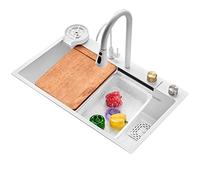 White 304 Stainless Steel Nano Waterfall Kitchen Sink with Pull-Out Faucet Pressurized Cup Washer Drop-In/Undermount Installation Size 68x45CM - Modern Design & Easy to Clean