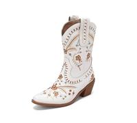 White,33,Women's Floral Western Boot, Fashion Square Toe Faux Leather Embroidered Cowgirl Boot, Winter Block Heel Mid Calf Country Ankle Boot