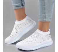 (white, 38) 9 Colors Rimocy Shining Crystal Flats Women Spring Breathable Knit Platform Sneakers Woman Comfortable Soft Bottom Non -Slip Sports Shoes