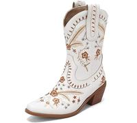 White,39,Embroidered Western Boots for Women, Wide Calf Chunky Heel Cowboy Boots,Fashionable Red Black Pointed Retro Mid Calf Boots