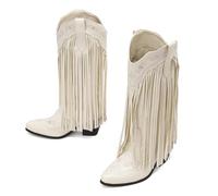 White,39,Women's Fringe Mid Calf Cowgirl Boots, Fashion Pointed Toe Embroidered Knee High Western Boots, Winter Slip On Block Chunky Heel Country Boots