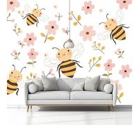 White 3D Wallpaper Mural Cute Bees Flowers Plants 400 x 280 cm - Children's Bedroom Non-Woven Wall Decor for Boys & Girls - Premium Art Print Poster for Nursery & TV Wall, Ideal Gift (Glue Required)