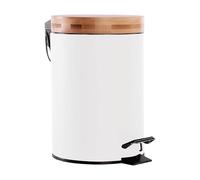 White 3L Metal Bathroom Bin with Bamboo Lid, Soft Close Pedal Bin