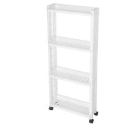 (White) 4 Layers Kitchen Storage Rack Slim Slide Tower Movable Assemble Plastic Bathroom Shelf Wheels Space Saving Organizer
