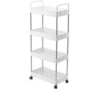White 4 Tier Rolling Storage Cart with Locking Wheels & Side Hooks - Slim Utility Organizer Trolley for Bathroom, Kitchen, Laundry or Office - Space Saving Shelf Unit