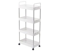 White 4 Tier Rolling Storage Cart with Locking Wheels & Side Hooks - Slim Utility Organizer Trolley for Bathroom, Kitchen, Laundry or Office - Space Saving Shelf Unit