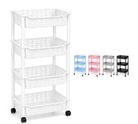 WHITE 4 Tier Rolling Storage Trolley with Wheels, Mobile Plastic Basket Organiser Cart, Multipurpose Slim Shelving Unit for Kitchen, Bathroom, Bedroom, Office and Laundry Room, Multiple Colours