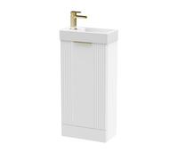 White 400mm Floor Standing Cloakroom Vanity Basin Unit with Brushed Brass Handle Compact Bathroom Storage