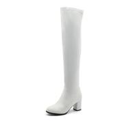 White,5.5 UK,Womens Thigh High Chunky Block Heel Over The Knee Boots Round Toe Long Boots Elasticity PU Leather Pull on Wide Calf Design and Comfy