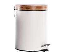 White 5L Metal Bathroom Bin with Bamboo Lid, Soft Close Pedal Bin