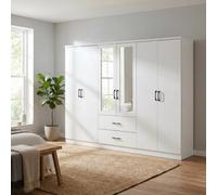 White 6 Door 2 Drawer Mirrored Wardrobe Black Handles Paddington Clothes Rail
