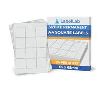 White A4 Square Labels - Printable Sheet Labels for Inkjet & Laser Printers, Permanent Adhesive - LabelLab (25, 12 Per Sheet (65 x 65mm))