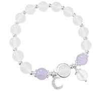 White Agate & Amethyst Healing Bracelet With Sterling Silver Crescent Moon Charm, Elastic Gemstone Jewelry For Women (6.7 Circumference)