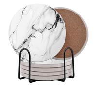 White Agate Marble Round Coasters Set of 6 - Abosrbent Ceramic Coasters with Metal Stand for Drinks, Coffee, Non-Slip Cork Back for Tabletop Protection, 4 Inches Marbled Pattern (Black)