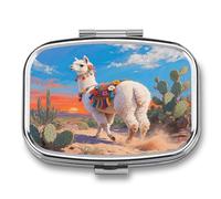 White Alpaca Small Pill Box for Purse Travel Essentials Metal Pill Case 2 Compartments Compact Medicine Container Portable Daily Pill Organizer for Vitamins Fish Oils