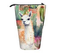 White Alpaca Watercolor Cactus Printed Pencil Case Standing Pen Holder Telescopic Pencil Pouch Oxford Cloth Pop Up Makeup Bag for Office Middle