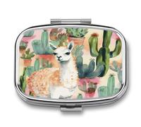 White Alpaca Watercolor Painting and Cactus Pill Box 2 Compartment Small Square Pills Case Portable for Pocket Pill Organizer Travel Metal Pill Holder for Office Home Vitamin Medicine Fish Oil