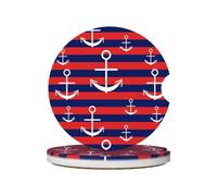 White Anchors Red Navy Striped 2 Pack Absorbent Ceramic Car Coasters Anti Slip Car Cup Coaster Removable Cup Coasters Auto Cupholder Accessories with Finger Notch