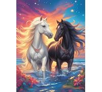 White And Black Horses Yin-Yang Art 500 Piece Jigsaw Puzzle Pack Wildlife Pet Teens Beginners Cognitive Development Puzzle Fans Group Play Anniversary Premium Cardboard 500 PCS