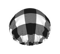 White And Black Plaid Pattern Pattern Shower Cap & Bath Cap For Women,Reversible Oversized Waterproof Shower Caps Large Designed For All Hair Lengths,Elastic Reusable Bathing Hair Cap