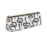 White and Black Snake Print Large Capacity Leather Pencil Case Smooth Zippered Pen Pouch School Travel Makeup