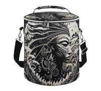 White and Black Tribal Illustration Lunch Bag, 15L Portable Leakproof Picnic Basket with Shoulder Strap, Insulated Picnic Cooler Bag for Camping, Beach, Hiking & Groceries