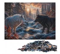 White And Black Wolves in Winter Wooden Jigsaw Puzzle 500 Pieces | Shared puzzle challenge with tabletop activity for adults over several sessions.