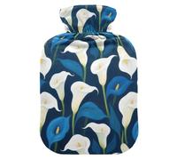 White and Blue Calla Lilies Water Bottle for hot Water with Soft Cover, 2L hot Water Bag for Tummy Warmer, Hand Feet Warmer