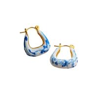 White And Blue Enamel Flower Round Beads Hoop Earrings For Women Geometric Gold Plated Stainless Steel Huggie Hoops(T225)