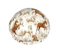 White and Brown Horse Print Shower Caps for Women, Reusable Double Layers Elastic Band Long Hair Bath Caps for Shower