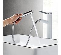 White and Chrome Pull Out Bathroom Faucet Single Lever Basin Mixer Tap with 360° Swivel Spout Modern Basin Faucet with Easy to Use and Elegant Design.