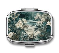 White and Emerald Pill Box - 2 Compartment Travel Pill Organizer with Small Mirror, Portable Pillcase for Pocket & Purse, Cute Square Medicine Case, Weekly Medicine Container