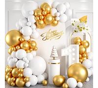 White and Gold Balloon Arch Garland Kit, Metallic Gold and Latex White Balloons Different Sizes 18/12/10/5 inch for Wedding Anniversary Birthday Graduation Bridal Shower Engagement Party Decorations