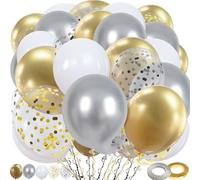 White and Gold Balloons, 60Pcs 12Inch White Latex Metallic Gold Silver Confetti Balloons with Ribbon for Girls Boys Birthday Baby Shower Wedding Graduation Engagement Party Decoration