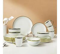 White and Gold Ceramic Dinnerware Sets for 4, 16-Piece Luxury Plates and Bowls Sets with Gold Rim, Modern Dish Set for Wedding Christmas Anniversary, Crack Resistant | Dishwasher Safe (White)